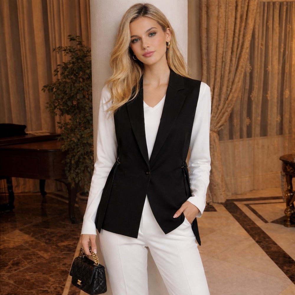 Zara Black Buttoned Vest with Side Straps, black, size XS, relaxed fit